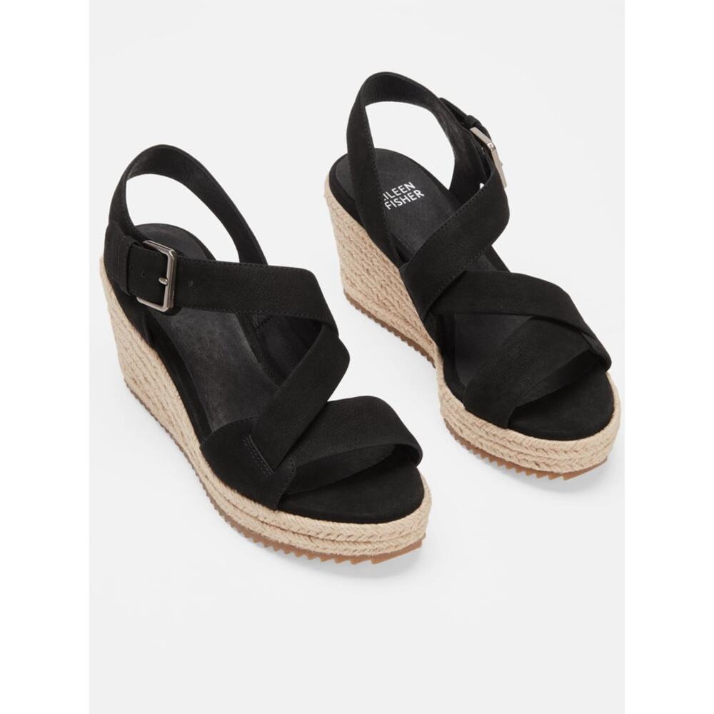Eileen Fisher Beckon Black Nubuck Espadrille Wedge Sandals Chic Size  8.5
